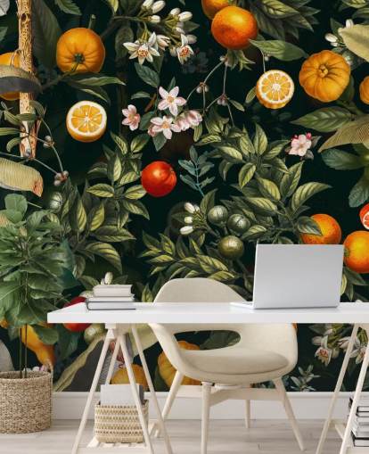donker botanisch behang met citrusvruchten behang