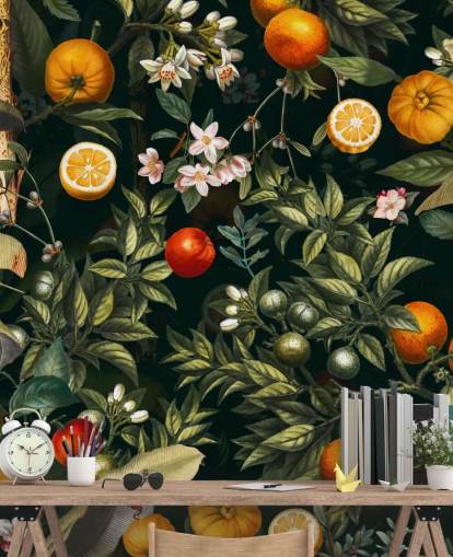 dark botanical wallpaper with citrus fruits wallpaper