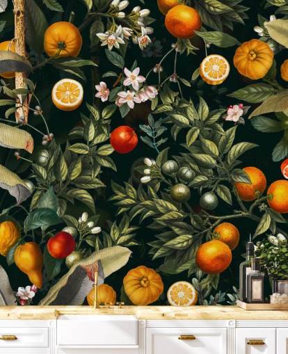 mörk botanisk tapet med citrusfrukter tapeter