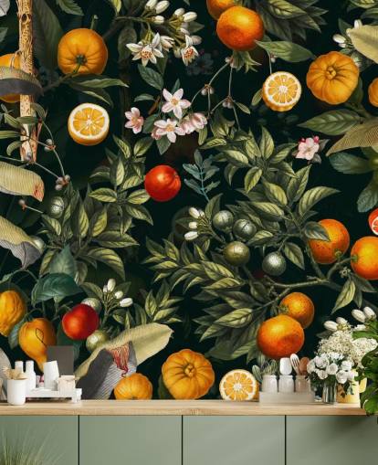 papel de parede botânico escuro com frutas cítricas wallpaper papel de parede botânico escuro com frutas cítricas wallpaper