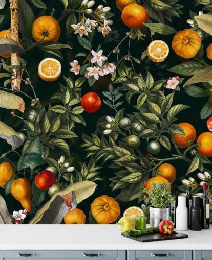 mörk botanisk tapet med citrusfrukter tapeter