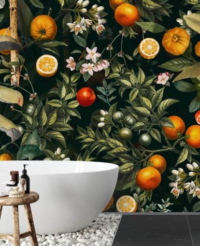 papel de parede botânico escuro com frutas cítricas wallpaper