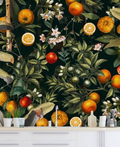 papel de parede botânico escuro com frutas cítricas wallpaper papel de parede botânico escuro com frutas cítricas wallpaper