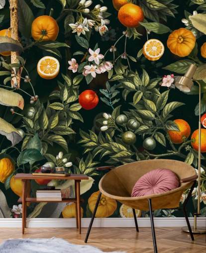 donker botanisch behang met citrusvruchten behang donker botanisch behang met citrusvruchten behang