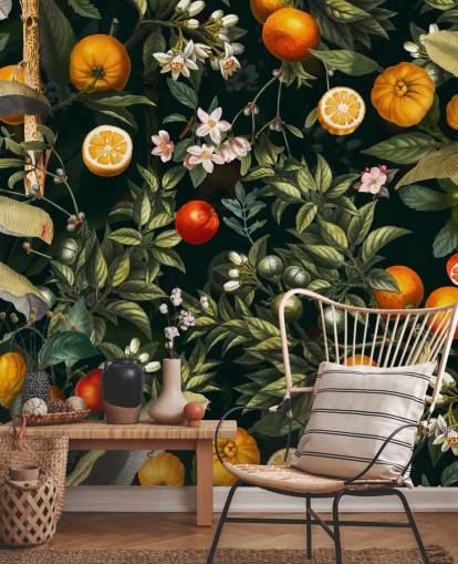 papel pintado botánico oscuro con papel pintado de cítricos