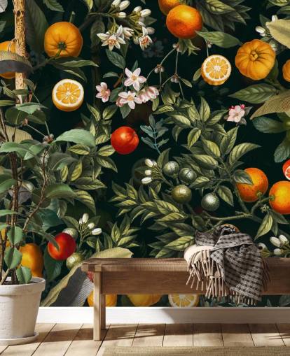 papel pintado botánico oscuro con papel pintado de cítricos