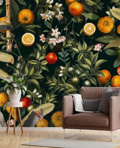 papel de parede botânico escuro com frutas cítricas wallpaper papel de parede botânico escuro com frutas cítricas wallpaper