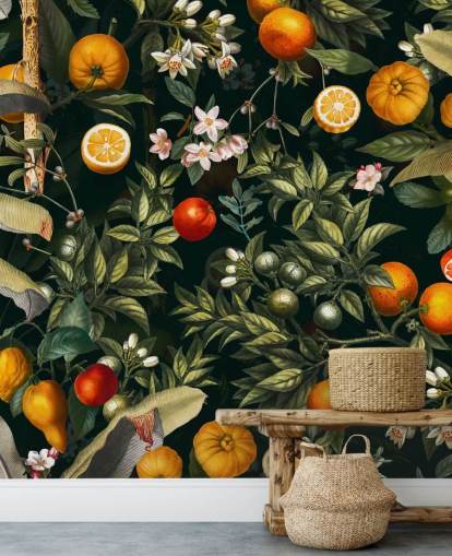 mörk botanisk tapet med citrusfrukter tapeter