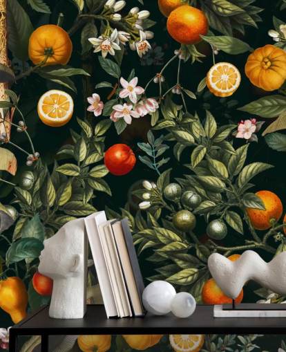 papel pintado botánico oscuro con papel pintado de cítricos papel pintado botánico oscuro con papel pintado de cítricos