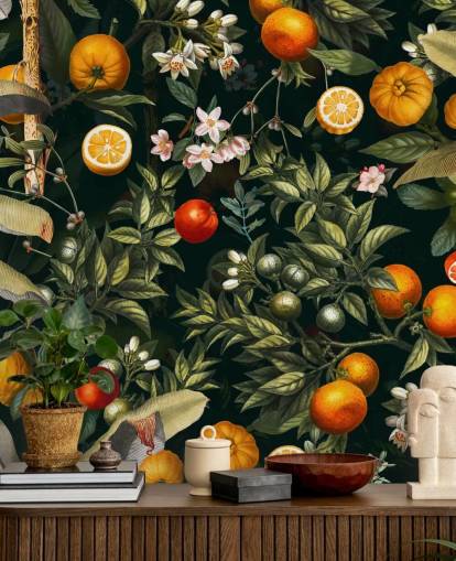 mørk botanisk tapet med citrusfrugter tapet
