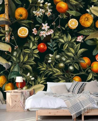 dark botanical wallpaper with citrus fruits wallpaper