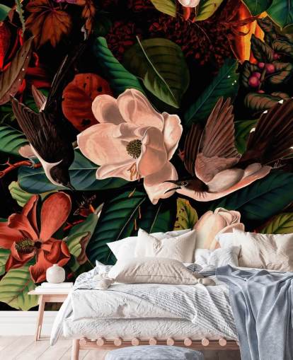 papier peint oiseau floral foncé