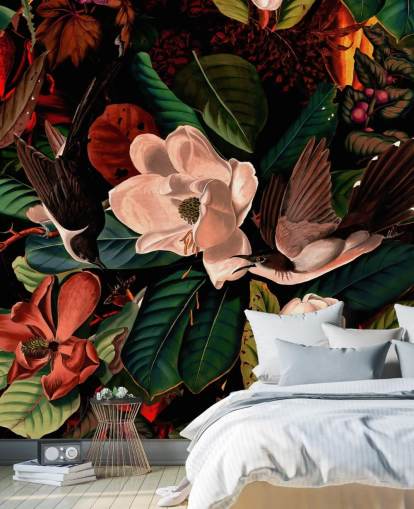 dark floral bird behang