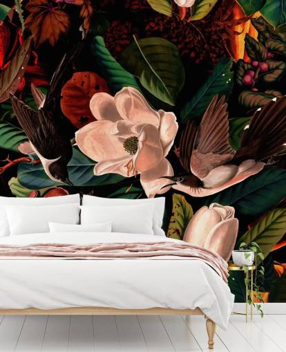 papier peint oiseau floral foncé papier peint oiseau floral foncé