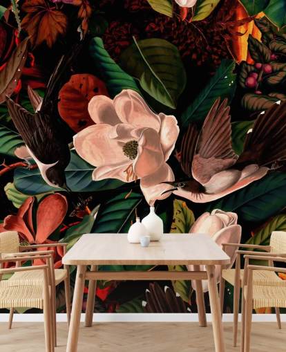 dark floral bird behang