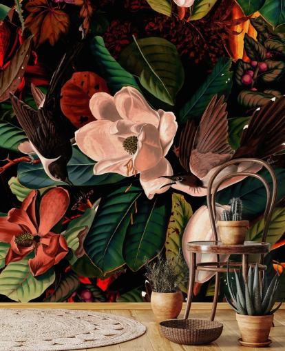 papier peint oiseau floral foncé