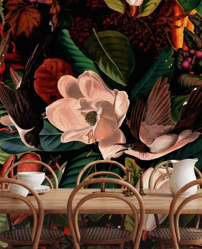 papel de parede de pássaro floral escuro