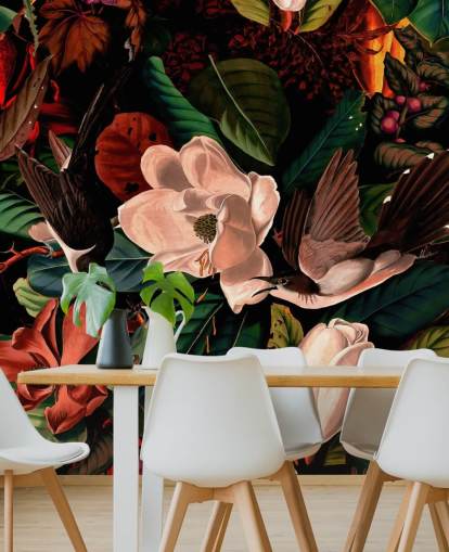 papel de parede de pássaro floral escuro
