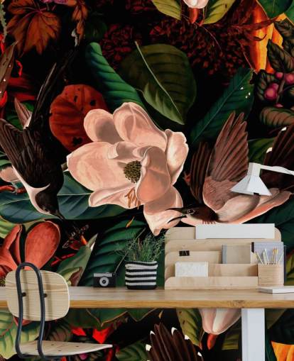 papel de parede de pássaro floral escuro