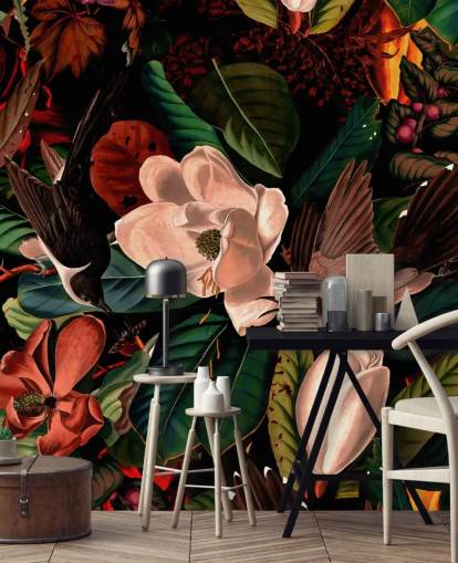 dark floral bird wallpaper