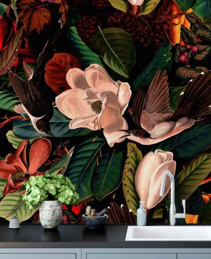 dark floral bird wallpaper