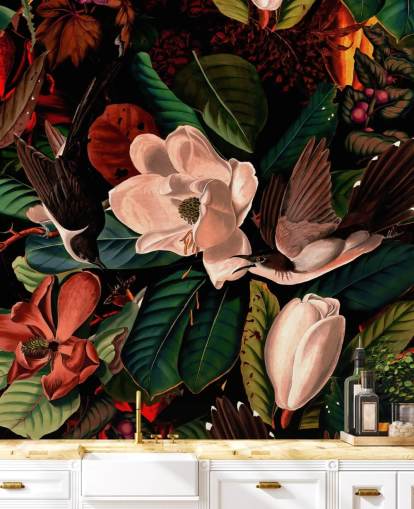 papier peint oiseau floral foncé