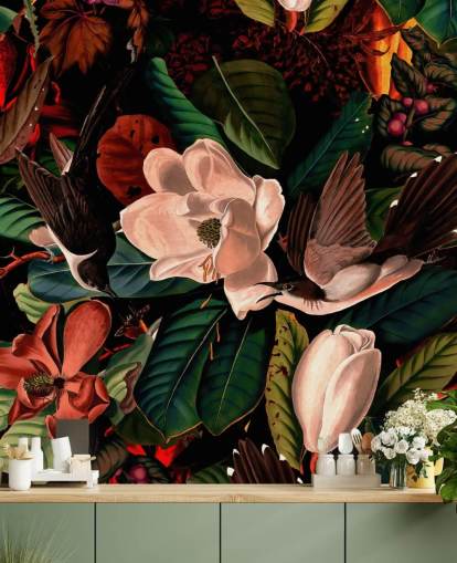 mørk floral fugl tapet