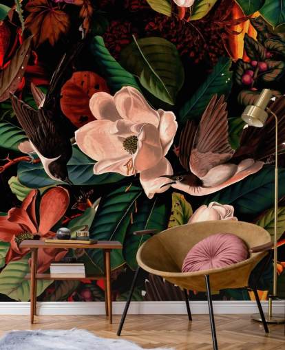 papel de parede de pássaro floral escuro papel de parede de pássaro floral escuro