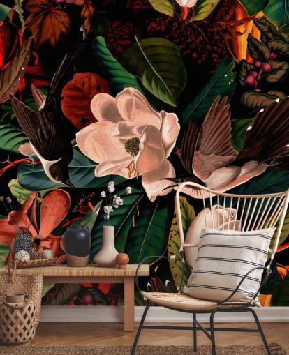 papel de parede de pássaro floral escuro