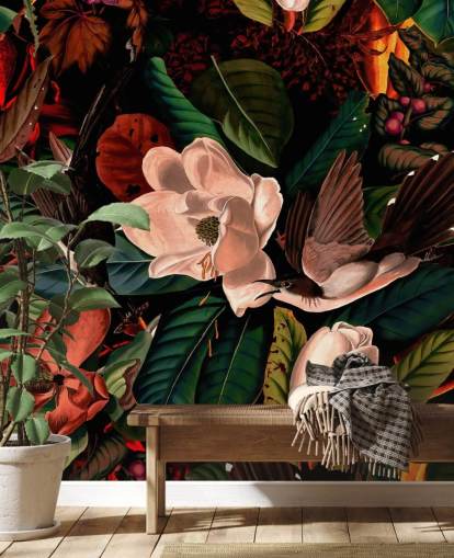 dark floral bird behang