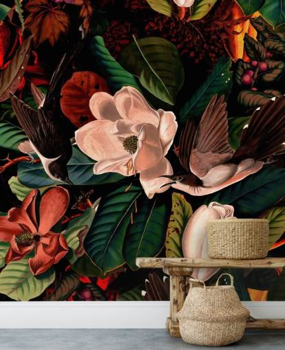 dark floral bird wallpaper