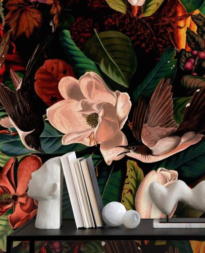 dark floral bird wallpaper