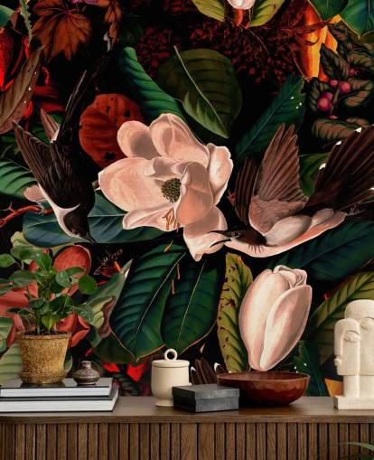 dark floral bird wallpaper