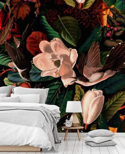 dark floral bird wallpaper