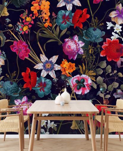 dunkel Blumen bunt Papiertapete