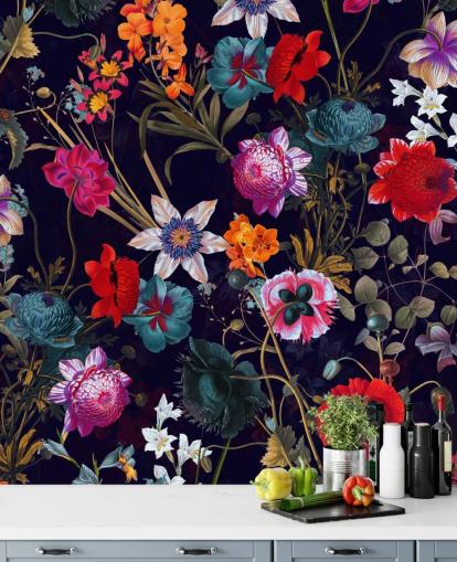 dunkel Blumen bunt Papiertapete dunkel Blumen bunt Papiertapete