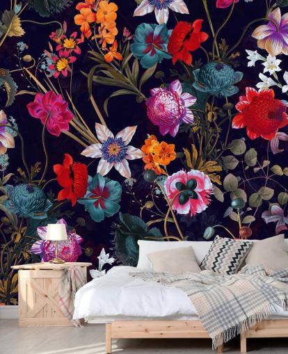 dunkel Blumen bunt Papiertapete