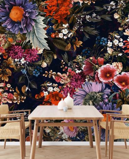 fiori colorati su sfondo nero carta da parati