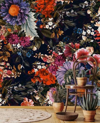 papel pintado de flores de colores sobre fondo negro