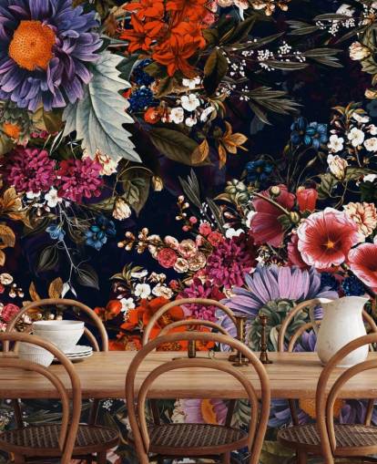 papel pintado de flores de colores sobre fondo negro