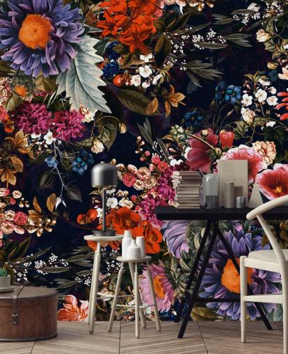 papel pintado de flores de colores sobre fondo negro