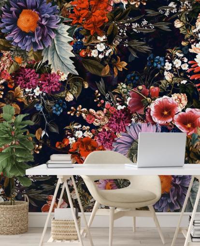 papel pintado de flores de colores sobre fondo negro