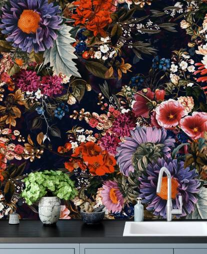 bunte Blumen auf schwarzer Hintergrund-Tapete