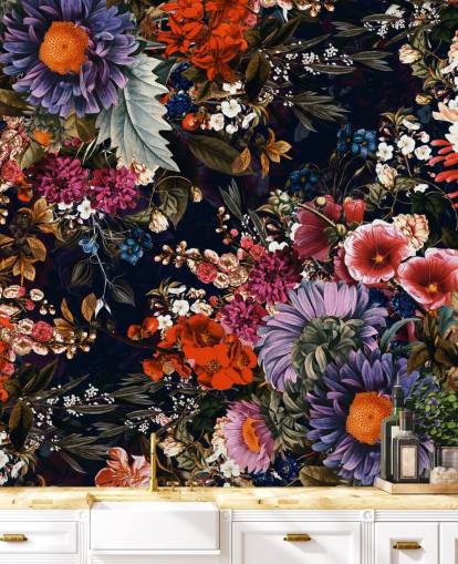 papel pintado de flores de colores sobre fondo negro