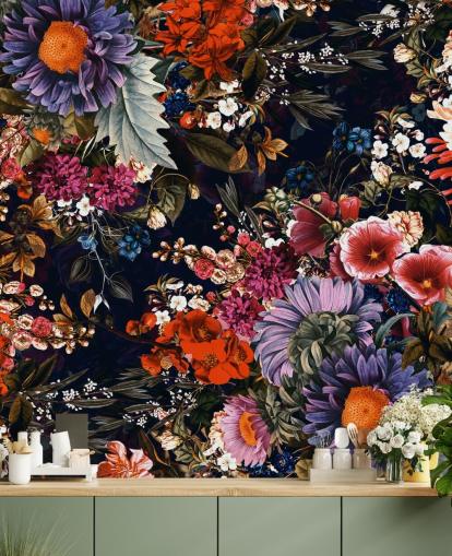 bunte Blumen auf schwarzer Hintergrund-Tapete