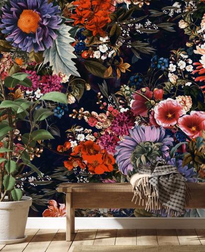 farverige blomster på sort baggrund tapet farverige blomster på sort baggrund tapet