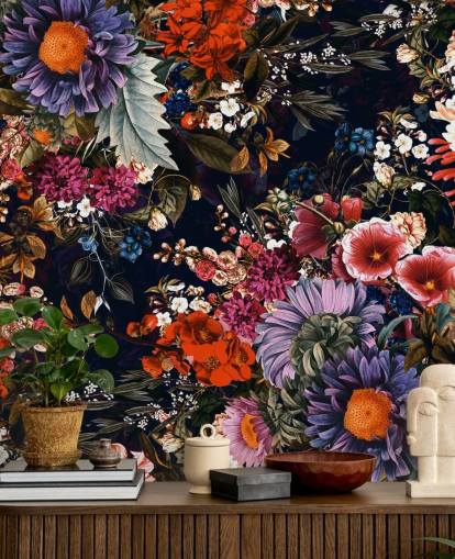 colourful flowers on black background wallpaper