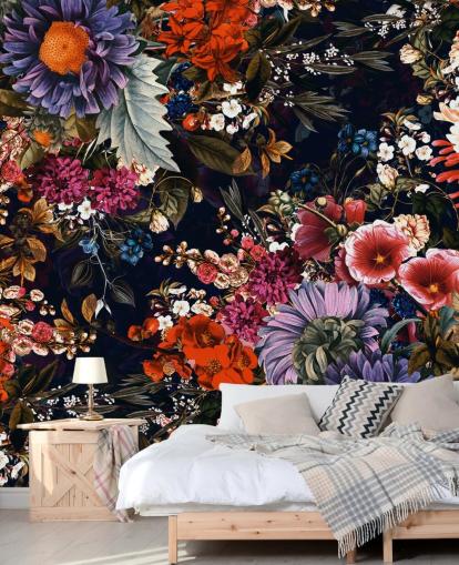 bunte Blumen auf schwarzer Hintergrund-Tapete bunte Blumen auf schwarzer Hintergrund-Tapete