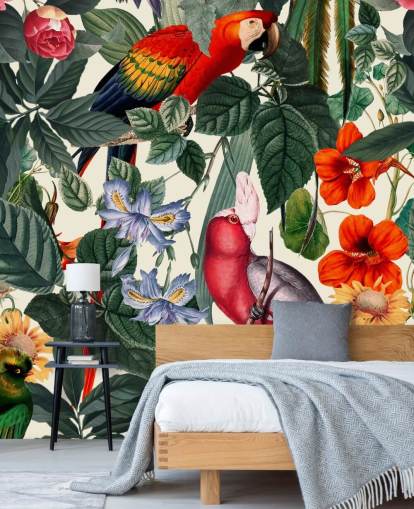 papel pintado de pájaros tropicales y follaje