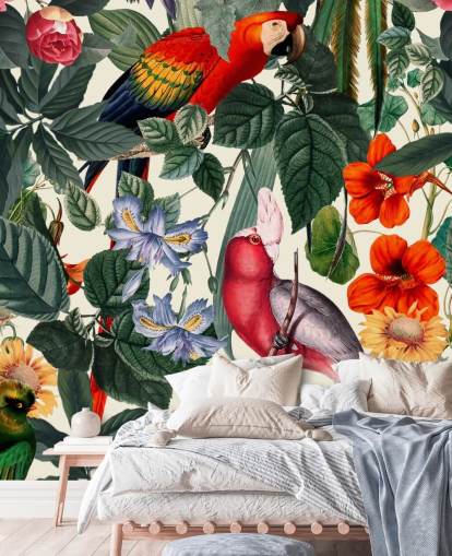 papier peint oiseaux tropicaux et feuillages